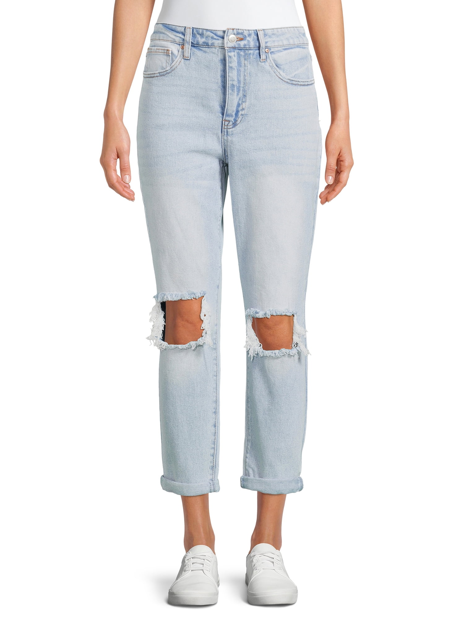 No Boundaries Juniors' Super High Rise Destructed Mom Jeans 