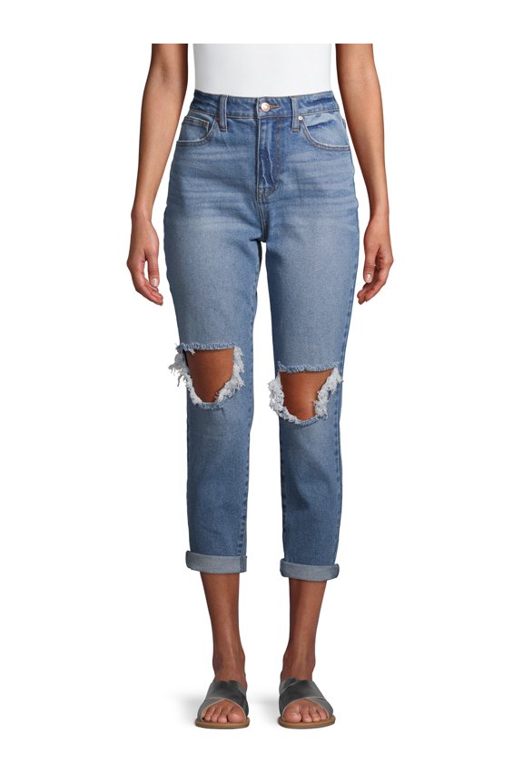 Juniors' Super High Rise Destructed Mom Jeans