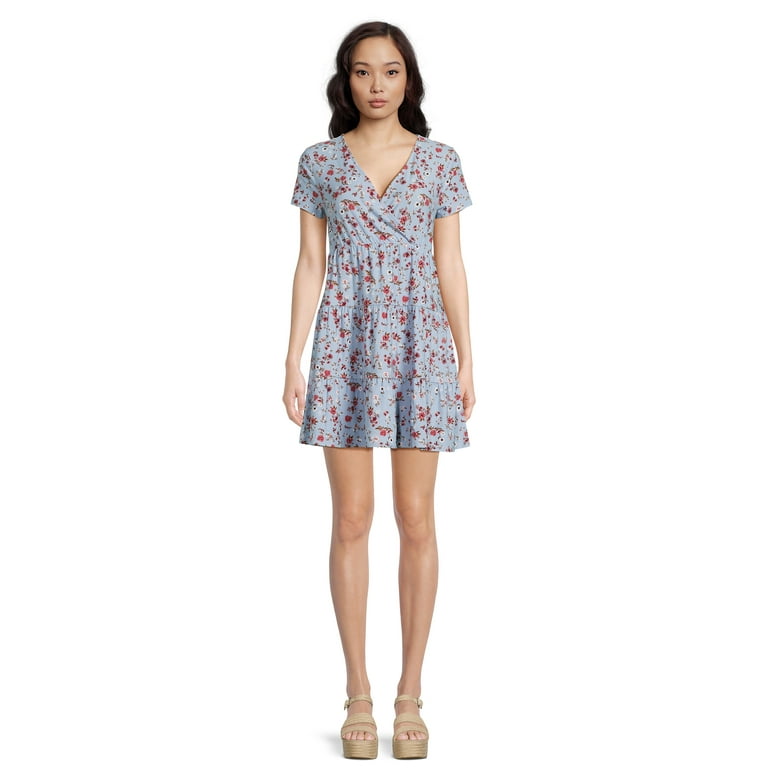 No Boundaries Juniors Surplice Babydoll Dress with Short Sleeves Sizes XS 3XL Walmart