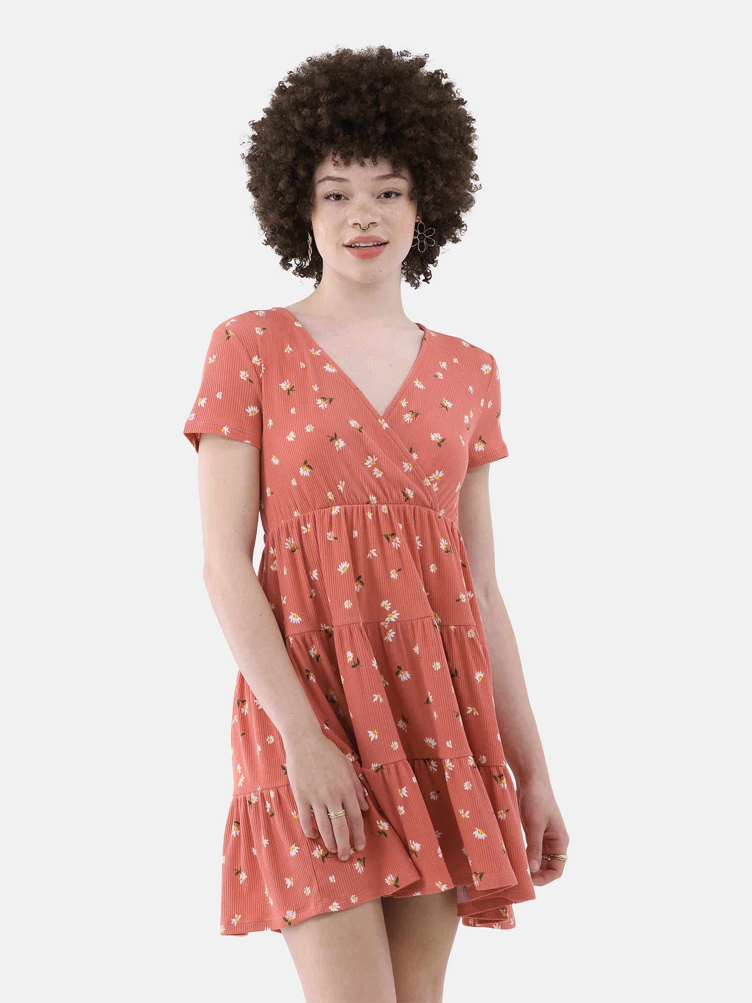 No Boundaries Ribbed Surplice Babydoll Dress, Women’s and Women’s Plus ...