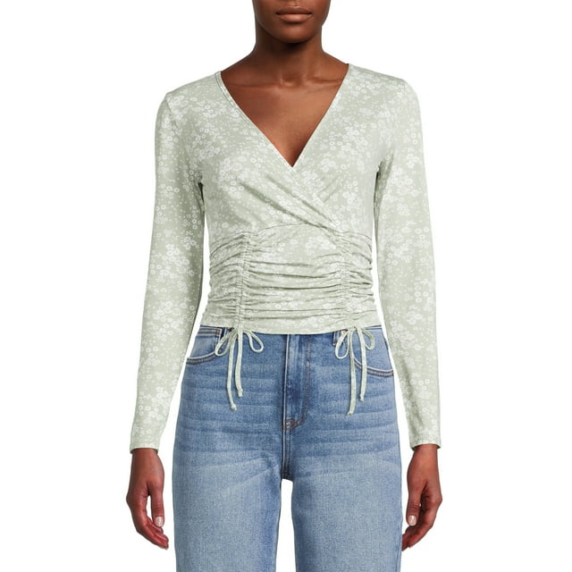 No Boundaries Juniors’ Surplice Ruched Tie Front Top