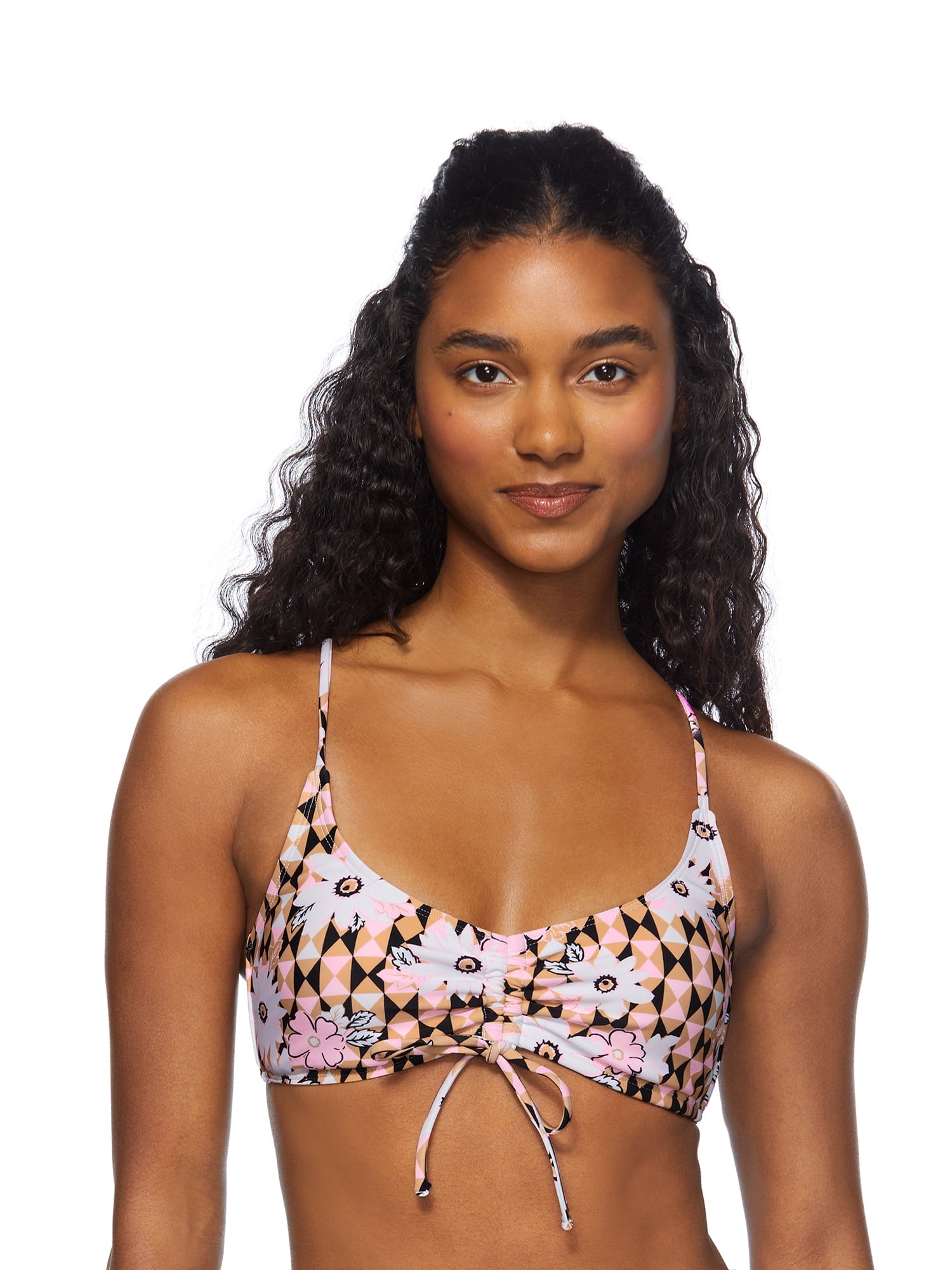 No Boundaries Juniors Swim Mod Floral Cinch Front Bralette Bikini Top