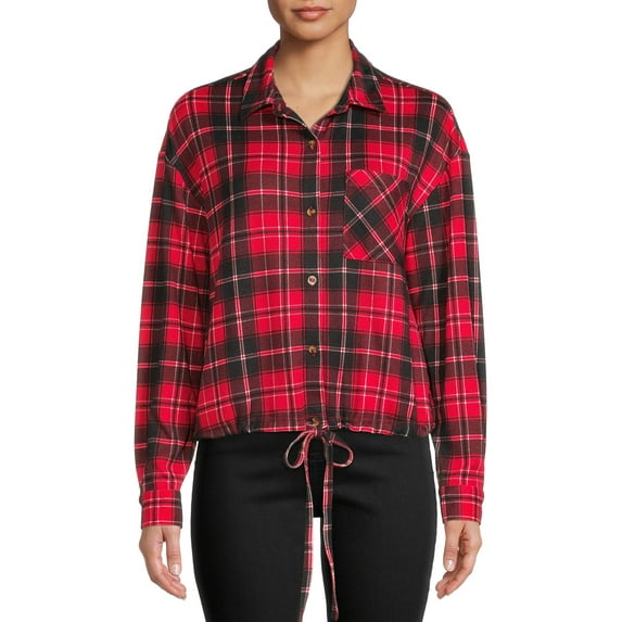 No Boundaries Juniors' Tie Front Knit Plaid Shirt