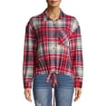 thumbnail image 1 of No Boundaries Juniors' Tie Front Plaid Flannel Shirt, 1 of 6
