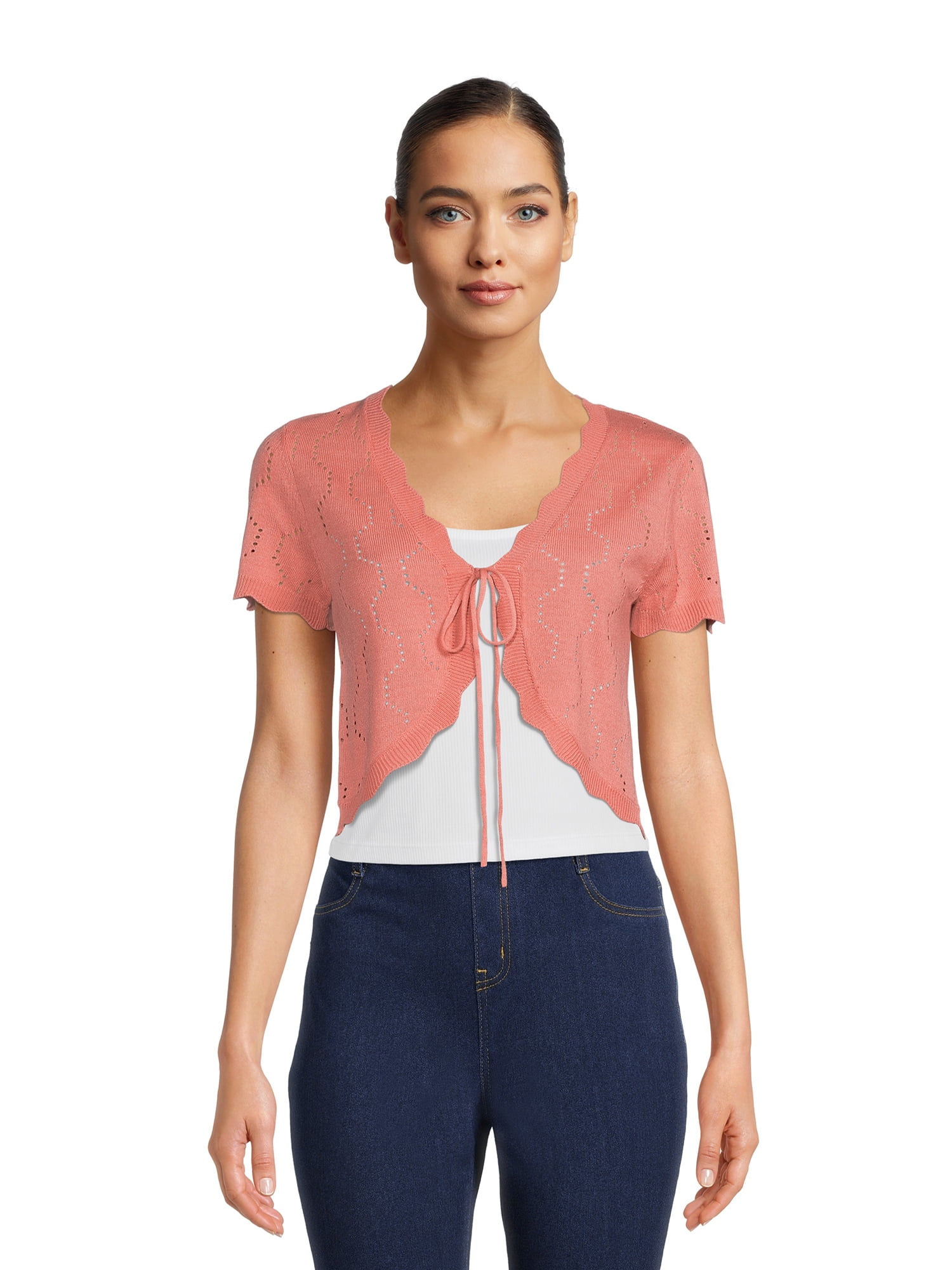 No Boundaries Juniors Tie Front Pointelle Shrug