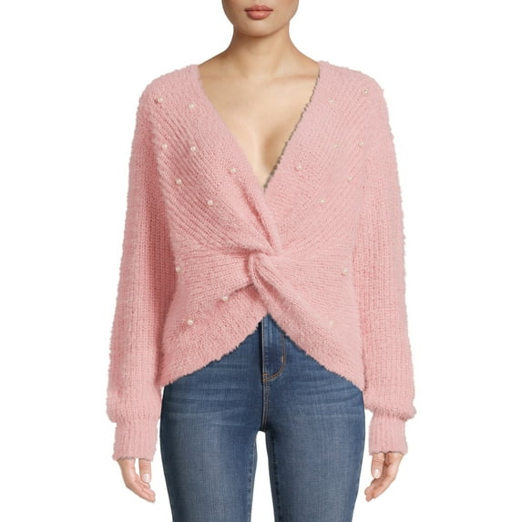 No Boundaries Juniors' Twist Faux Pearl Sweater