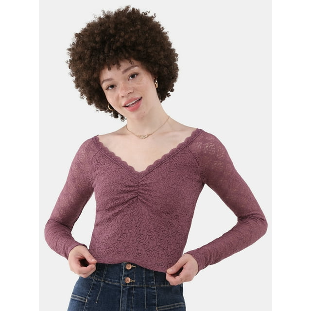 No Boundaries Lace V-Neck Top with Long Sleeves, Women’s