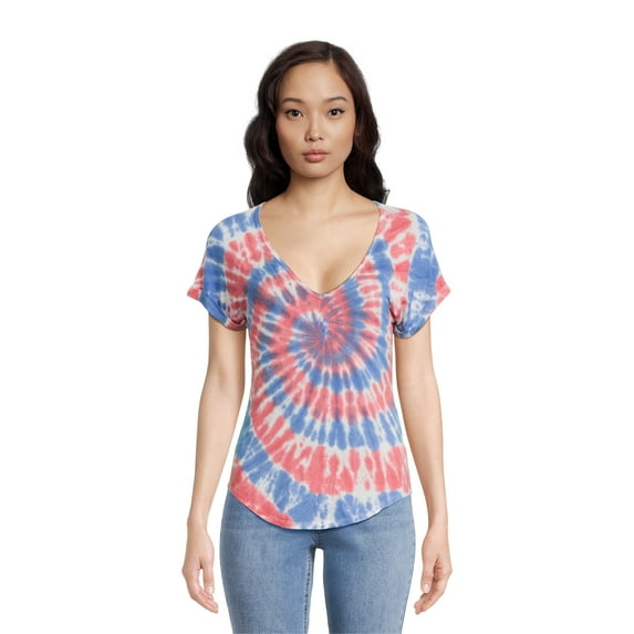 No Boundaries Juniors V Neck Short Sleeve Tie Dye T Shirt (Women's)