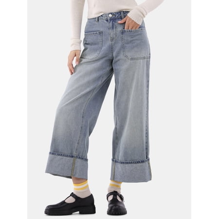 No Boundaries Cuffed Wide Jeans, 32” Inseam, Women’s