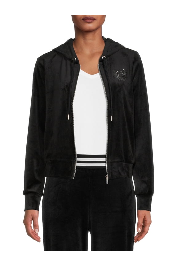 Juniors' Zip-Front Embellished Velour Jacket