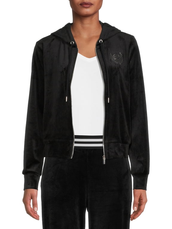 Juniors' Zip-Front Embellished Velour Jacket