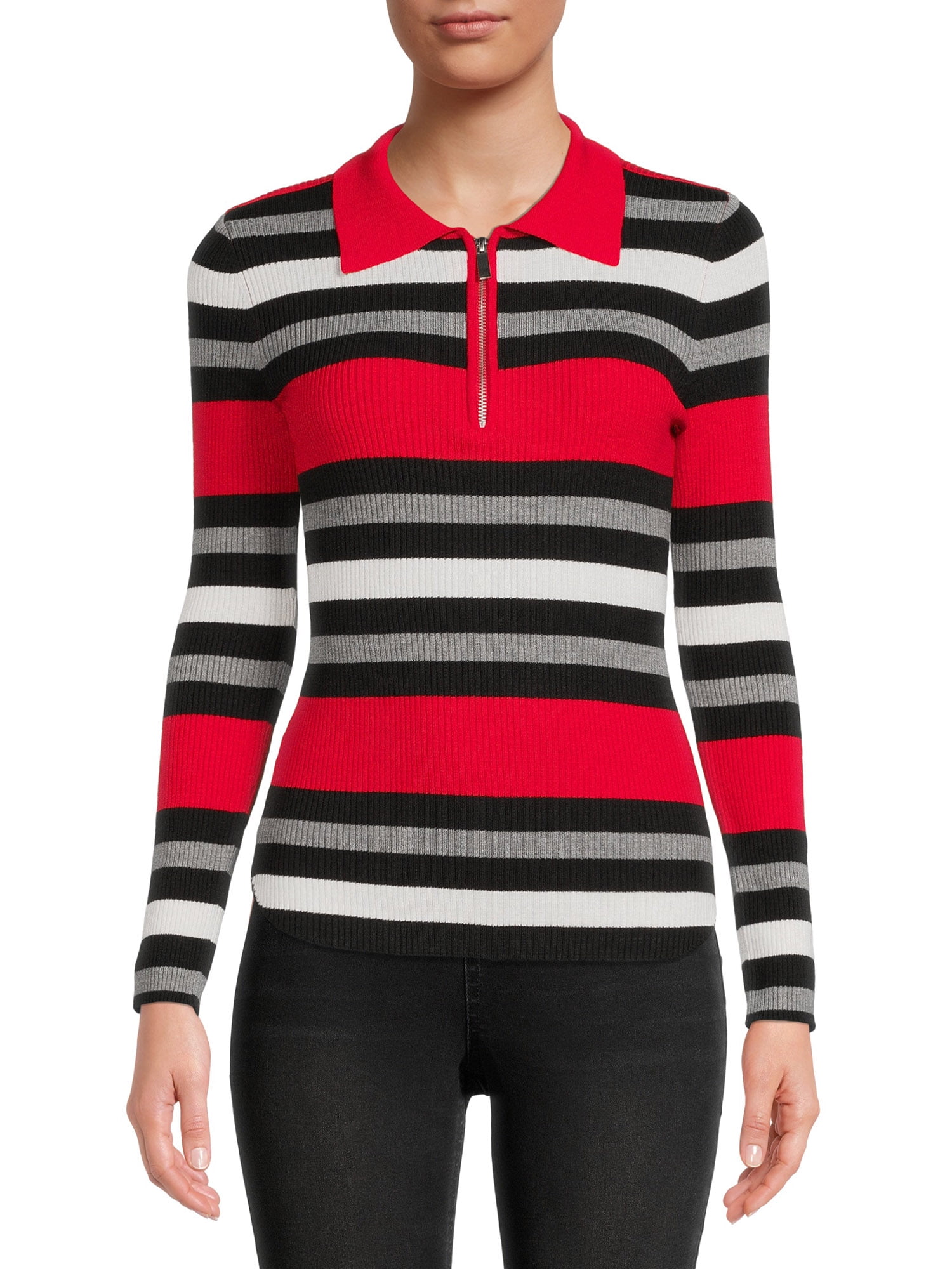 No Boundaries Juniors’ Zip-Front Stripe Polo Sweater with Long Sleeves ...