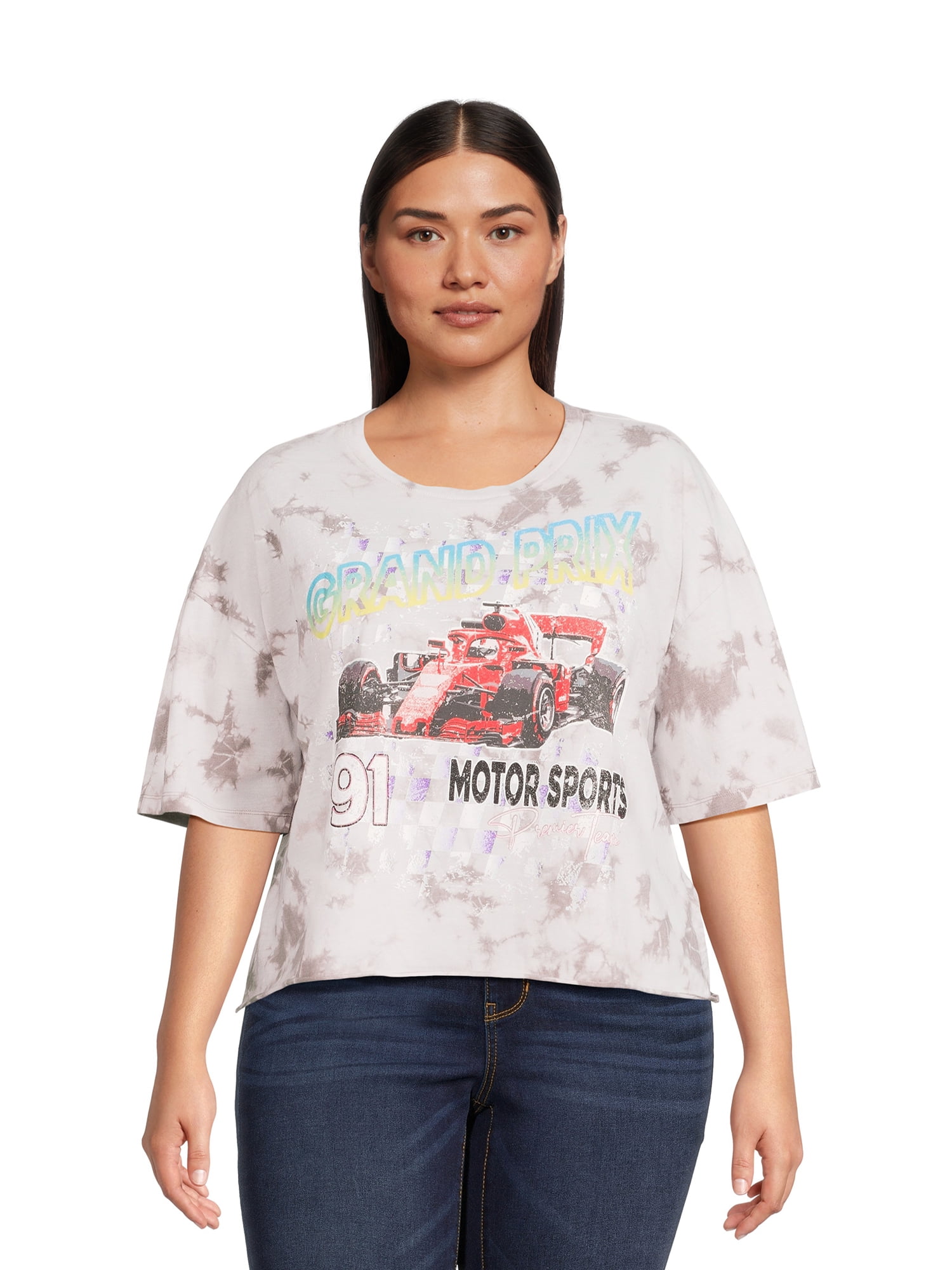No Boundaries Juniors and Juniors Plus Cropped Graphic Tee with Short