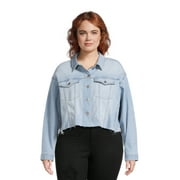 No Boundaries Cropped Denim Jacket with Raw Edge Hem, Women's Plus