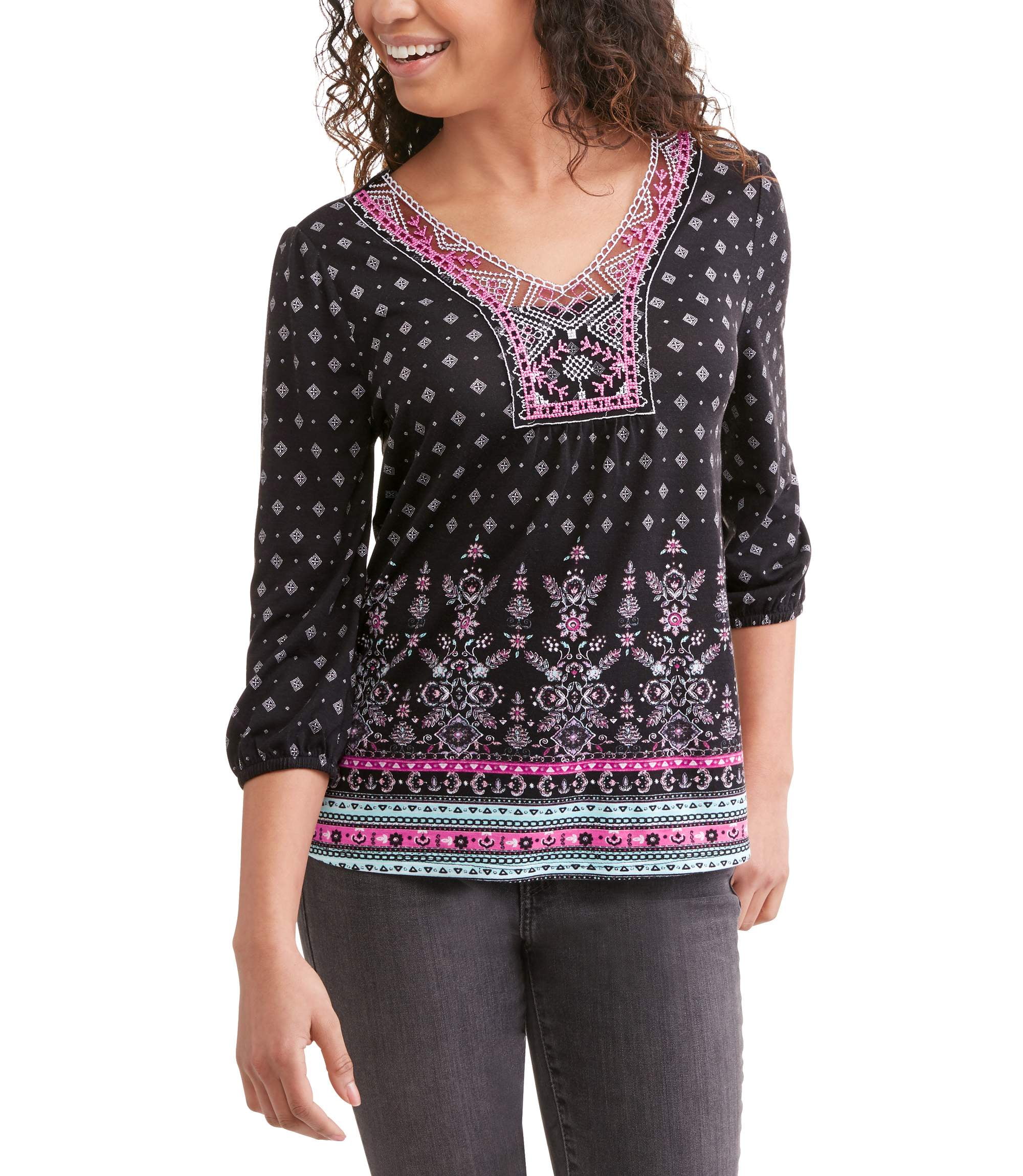 No Boundaries Juniors' border printed 3/4 sleeve peasant blouse