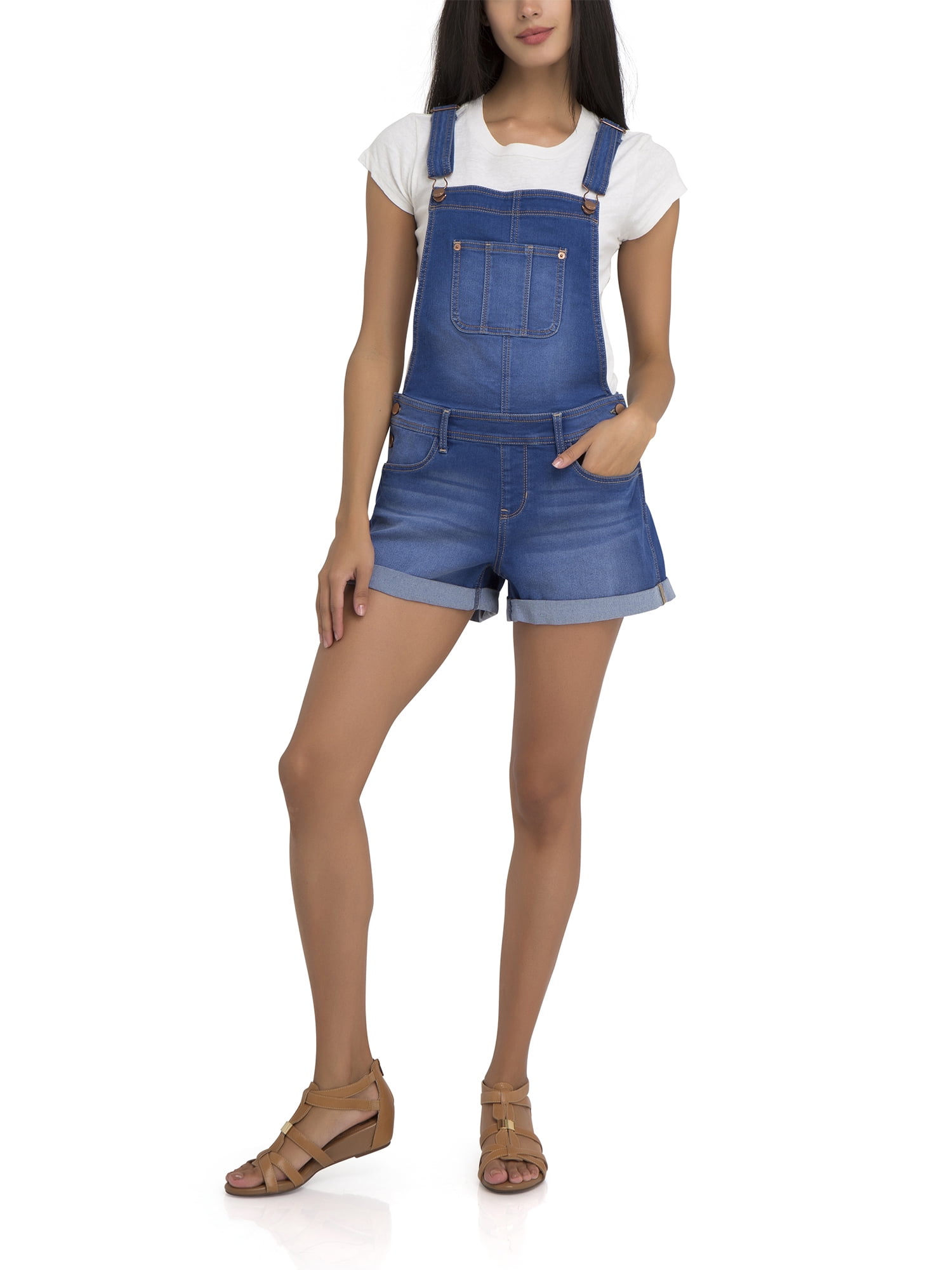 No Boundaries Juniors' denim cuffed shortall