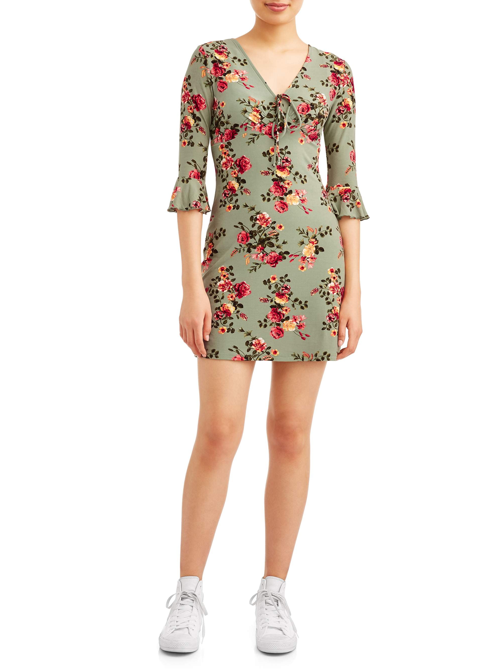 No Boundaries Juniors' floral printed ruffle elbow sleeve dress
