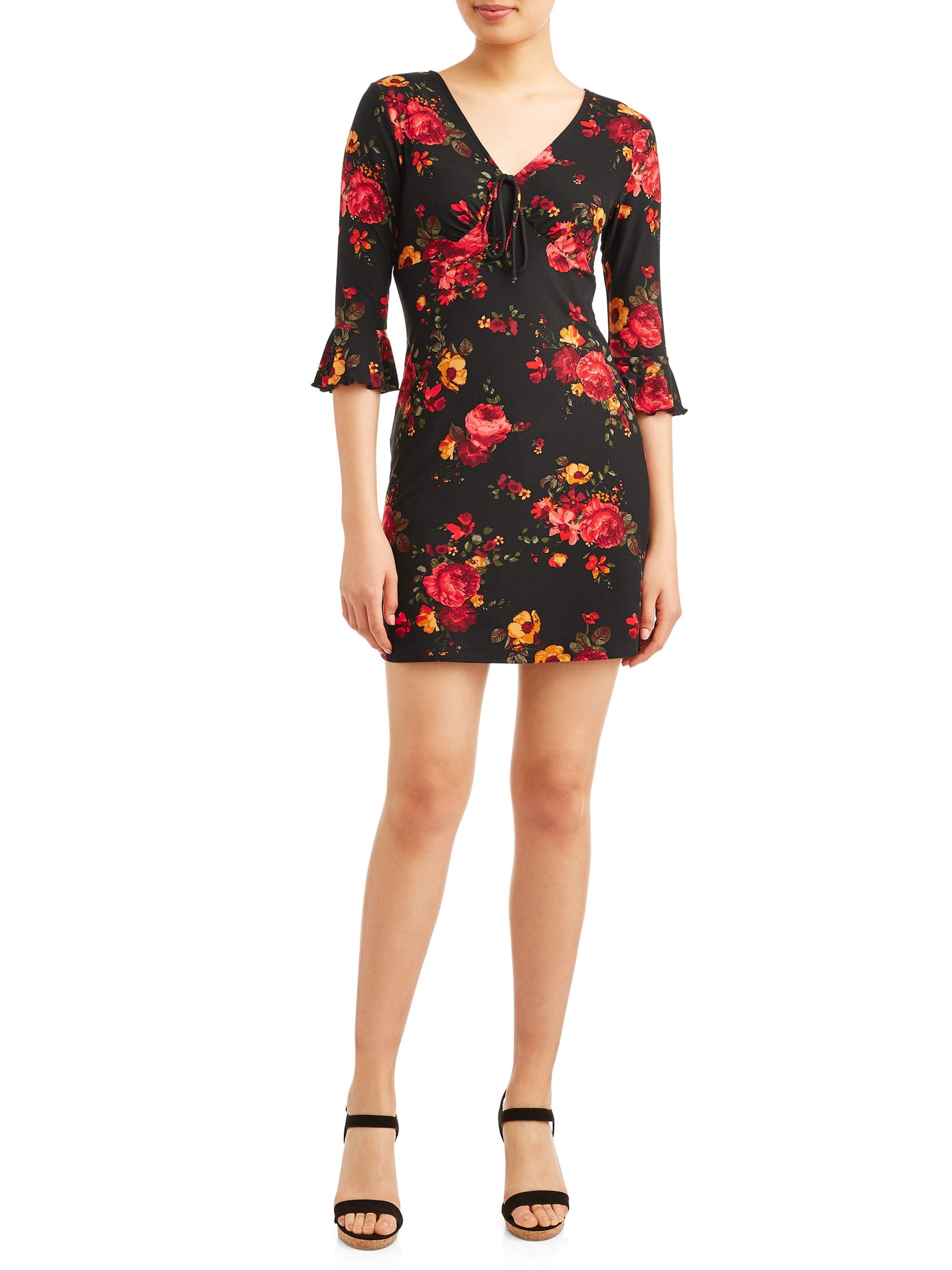 No Boundaries Juniors' floral printed ruffle elbow sleeve dress