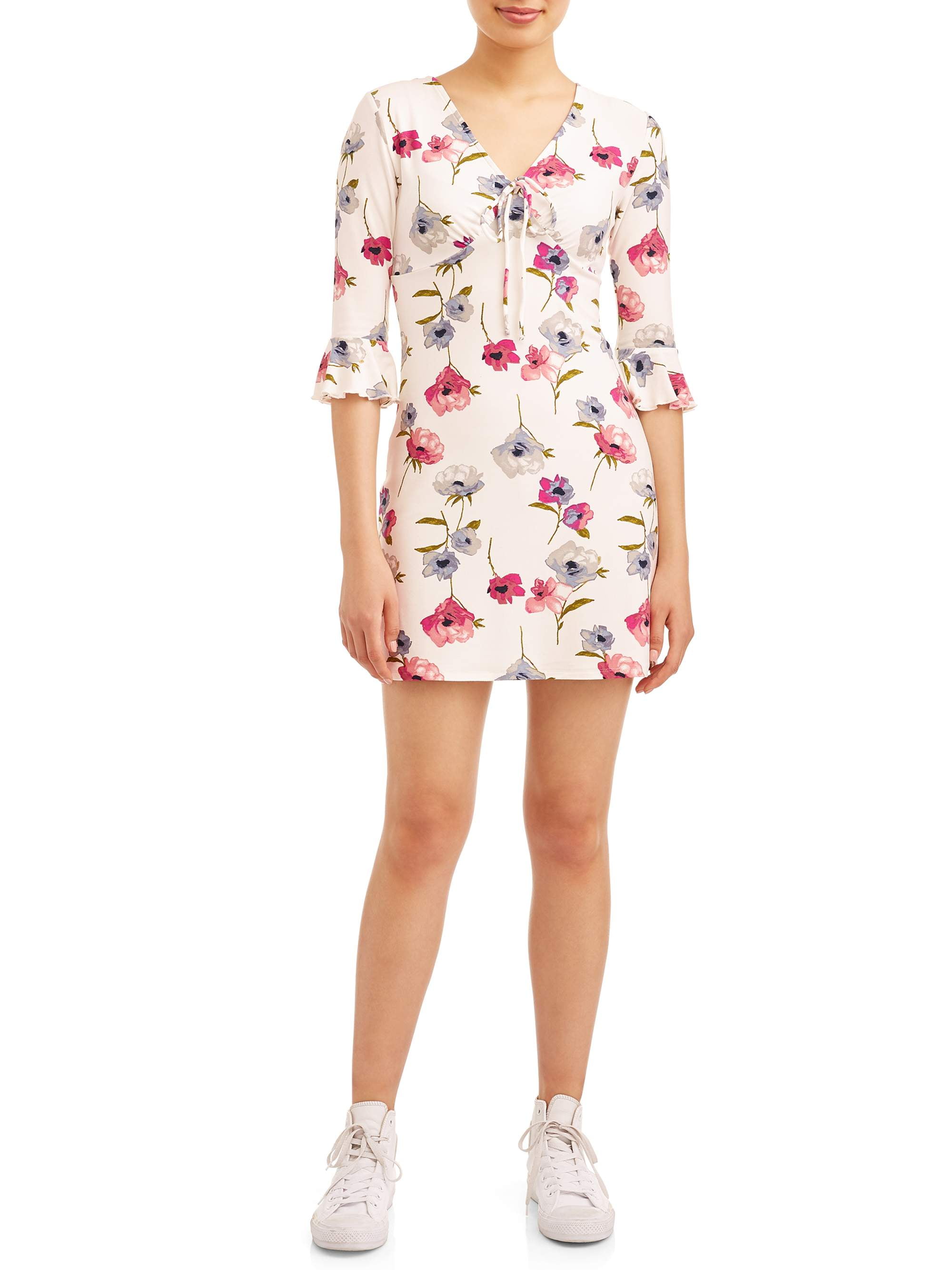 No Boundaries Juniors' floral printed ruffle elbow sleeve dress