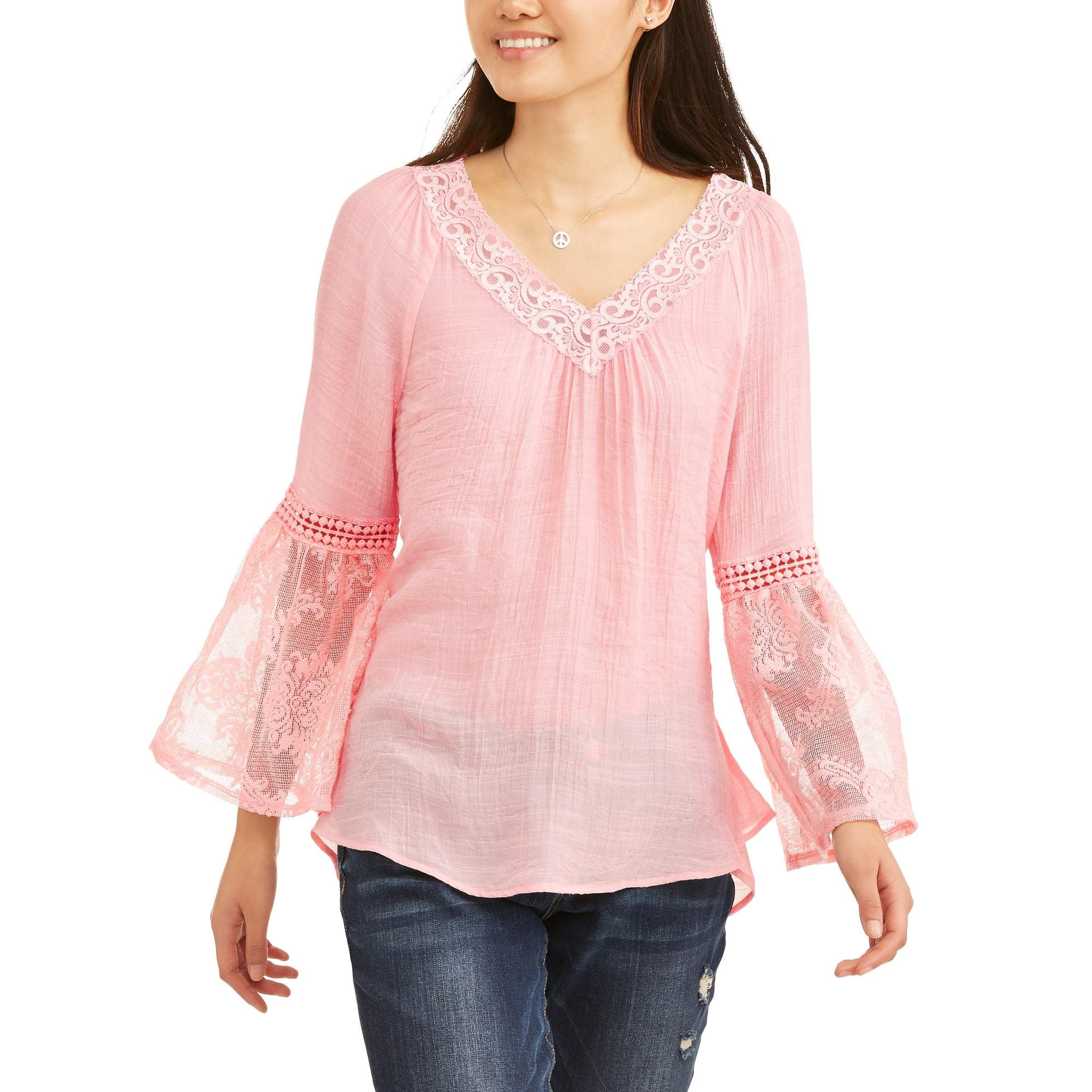 No Boundaries Juniors' gauze & lace bell sleeve peasant blouse