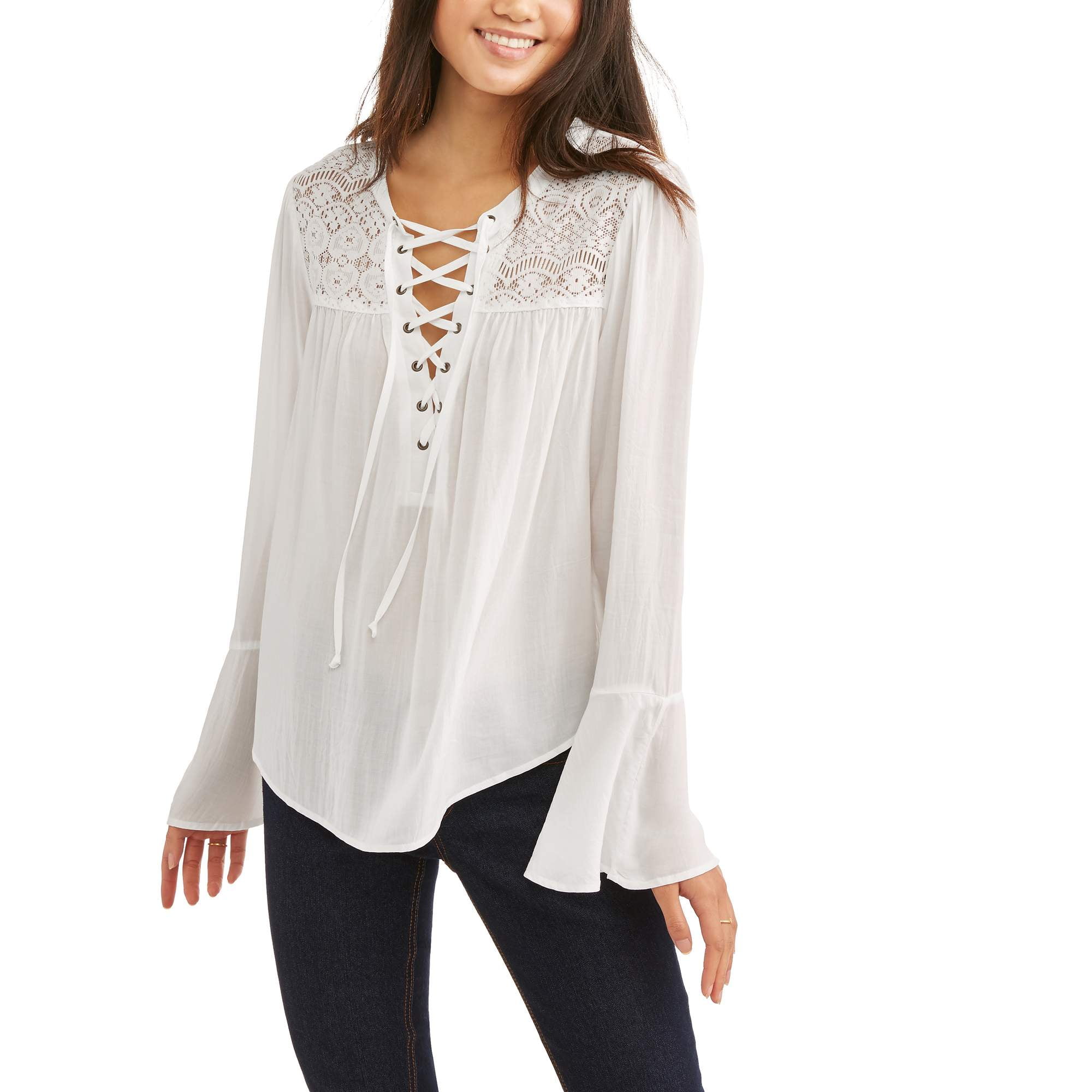 No Boundaries Juniors' laceup lace yoke bell sleeve blouse