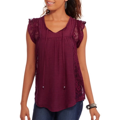 No Boundaries Juniors' peasant top with crochet side and front tie ...