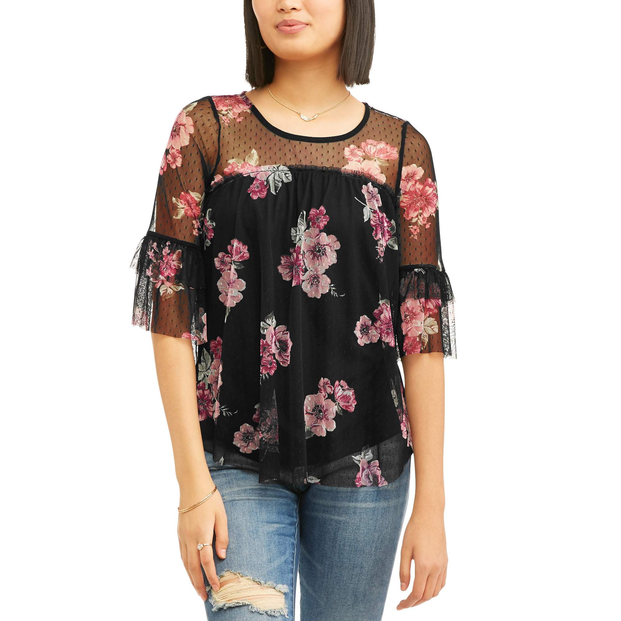 No Boundaries Juniors' printed mesh peasant blouse w/ ruffle sleeves ...