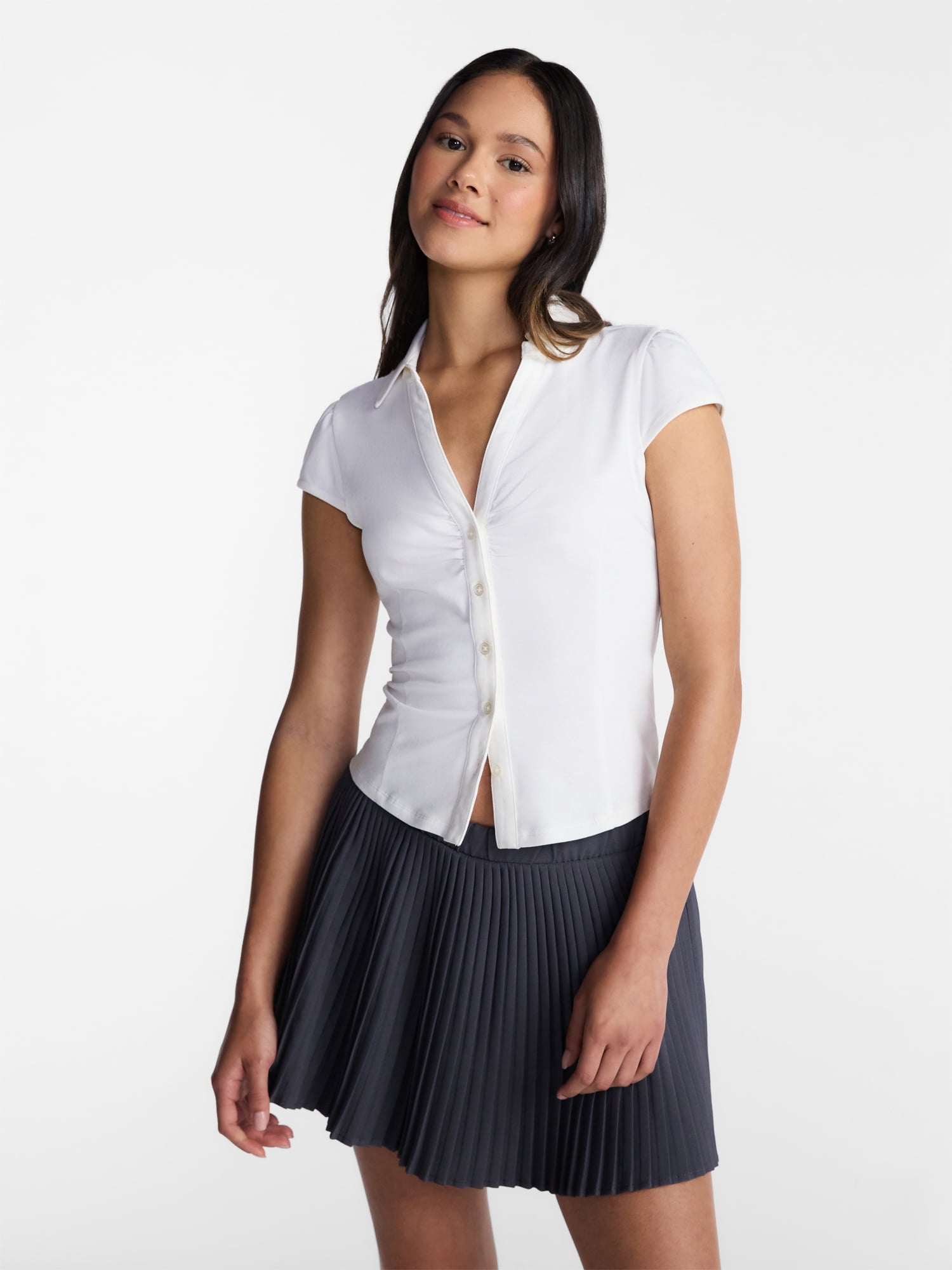 No Boundaries Knit Ruched Collared Shirt, Women's XXS-XXL