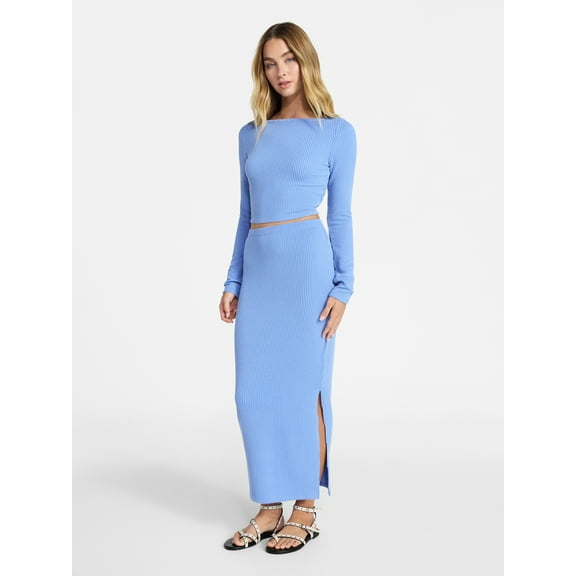 No Boundaries Long Sleeve Boat Neck Top and Midi Skirt Set, 2-Piece, Women’s XXS-XXL