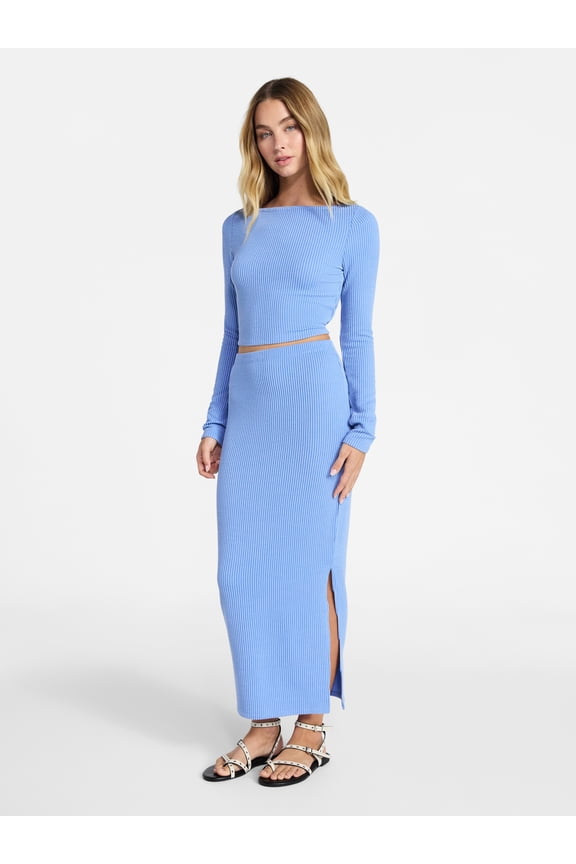 Long Sleeve Boat Neck Top and Midi Skirt Set, 2-Piece, Women’s XXS-XXL