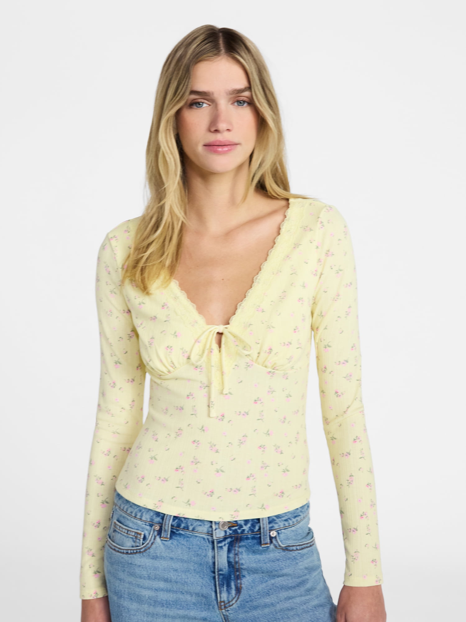 No Boundaries Tie Front Lace Trim Top with Long Sleeves, Women’s XXS-XXL