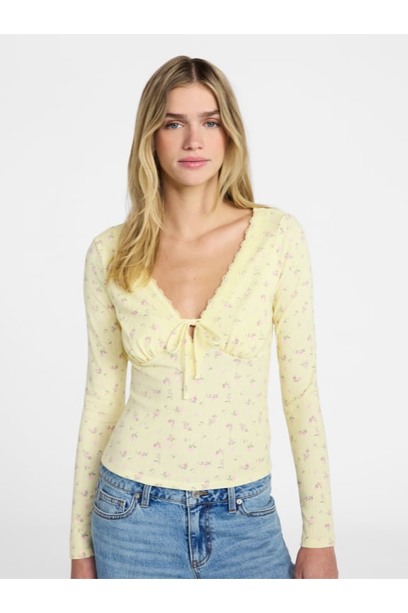 Tie Front Lace Trim Top with Long Sleeves, Women’s XXS-XXL