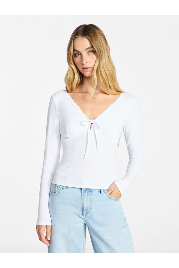 Tie Front Lace Trim Top with Long Sleeves, Women’s XXS-XXL