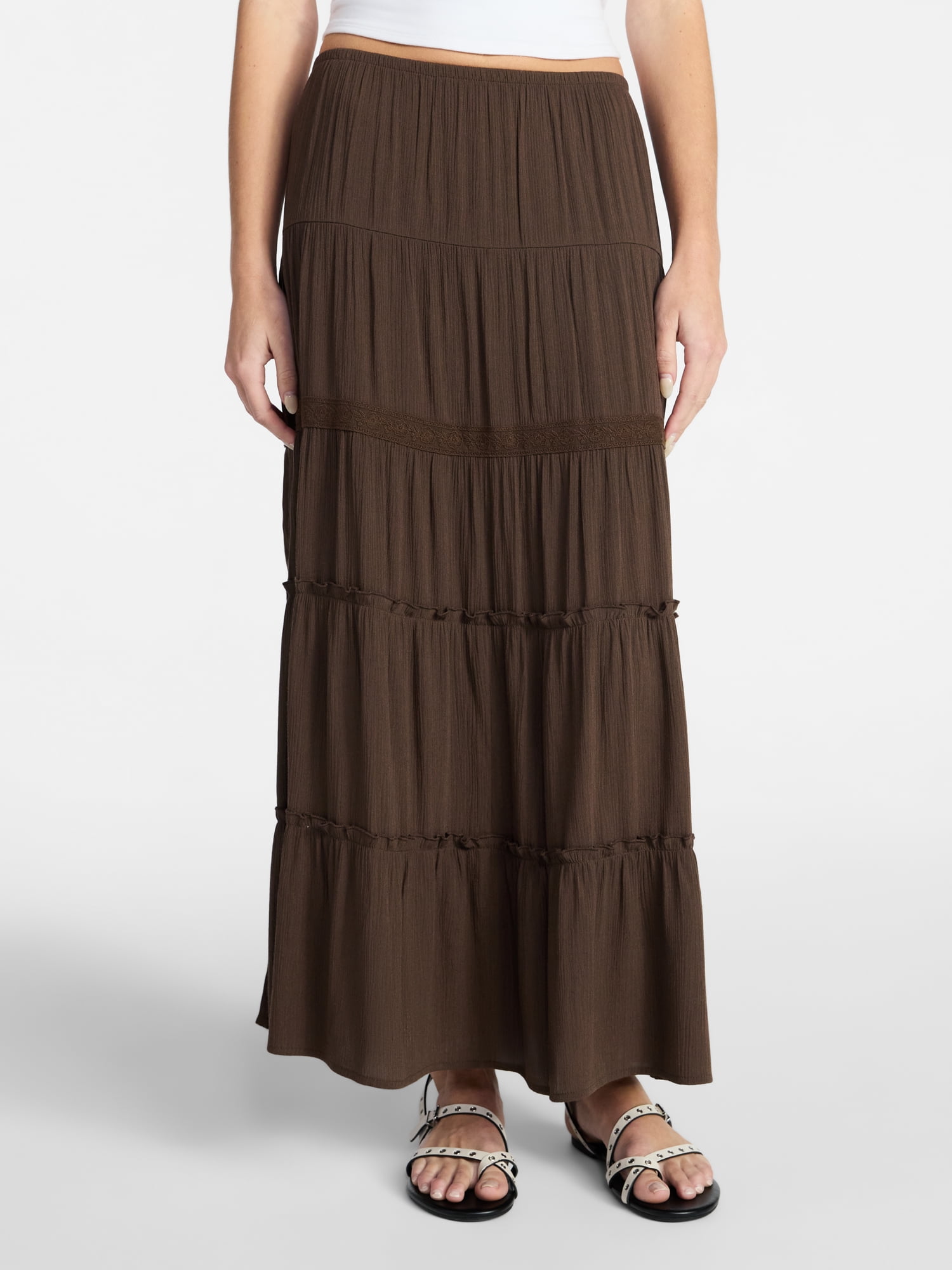 No Boundaries Lace Insert Tiered Maxi Skirt, Women's XXS-XXL