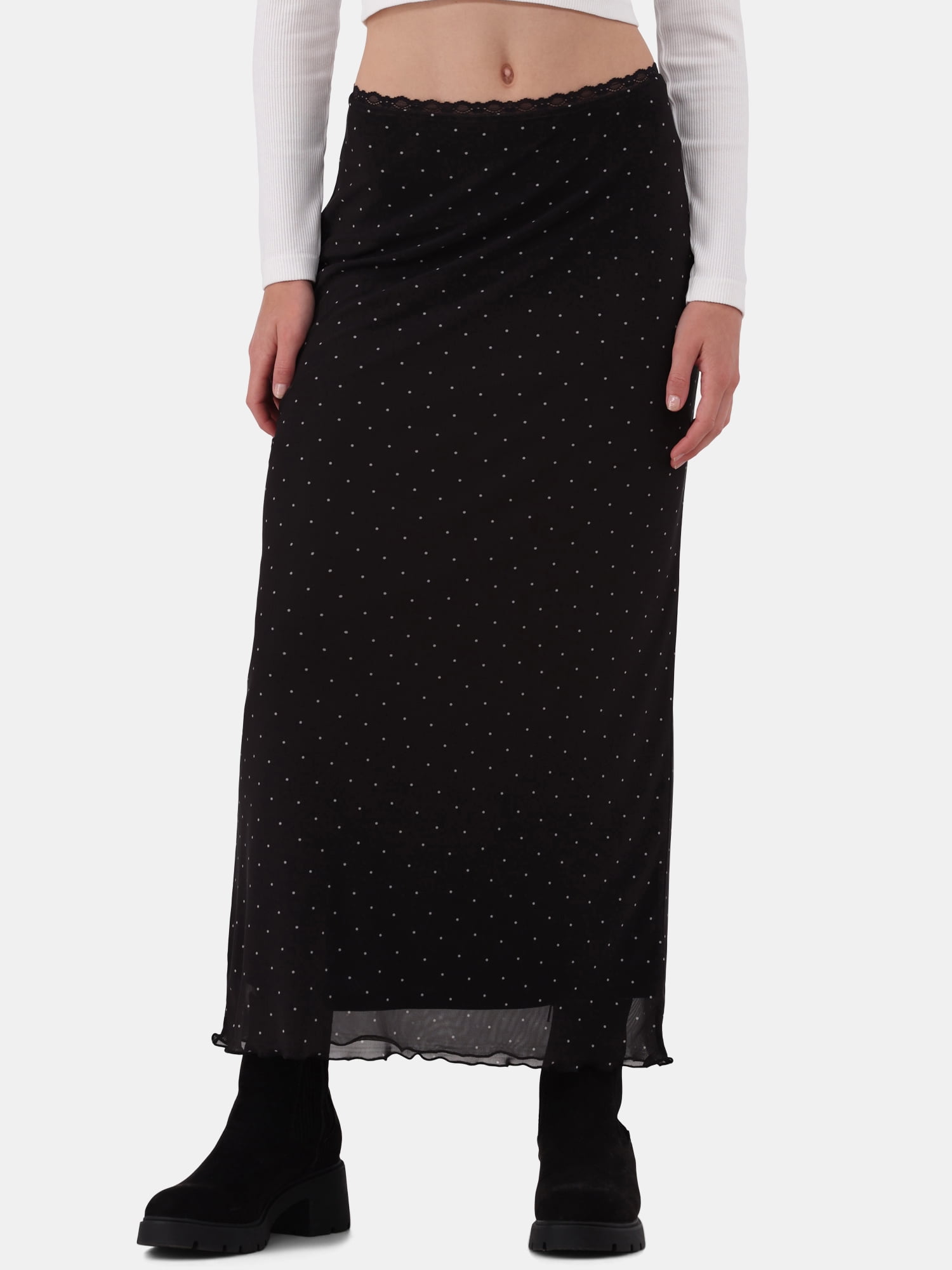 No Boundaries Lace-Trim Mesh Maxi Skirt, Women’s and Women’s Plus