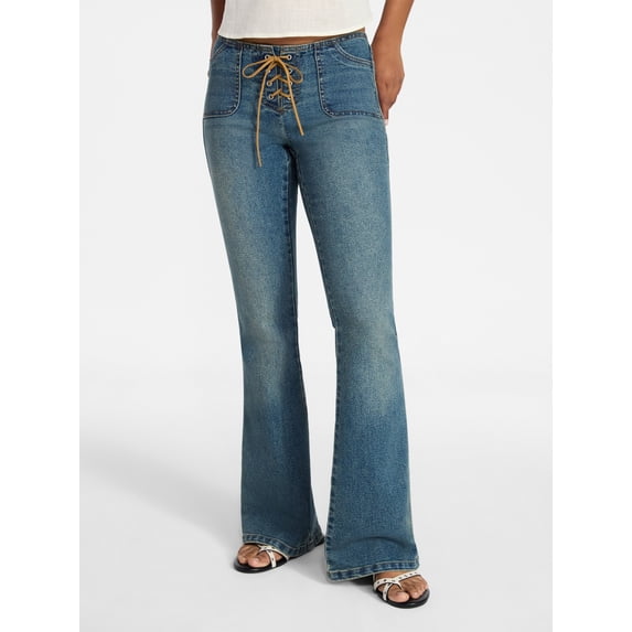 No Boundaries Lace Up Waist Bootcut Jeans, 33" Inseam, Women's XXS-XXL
