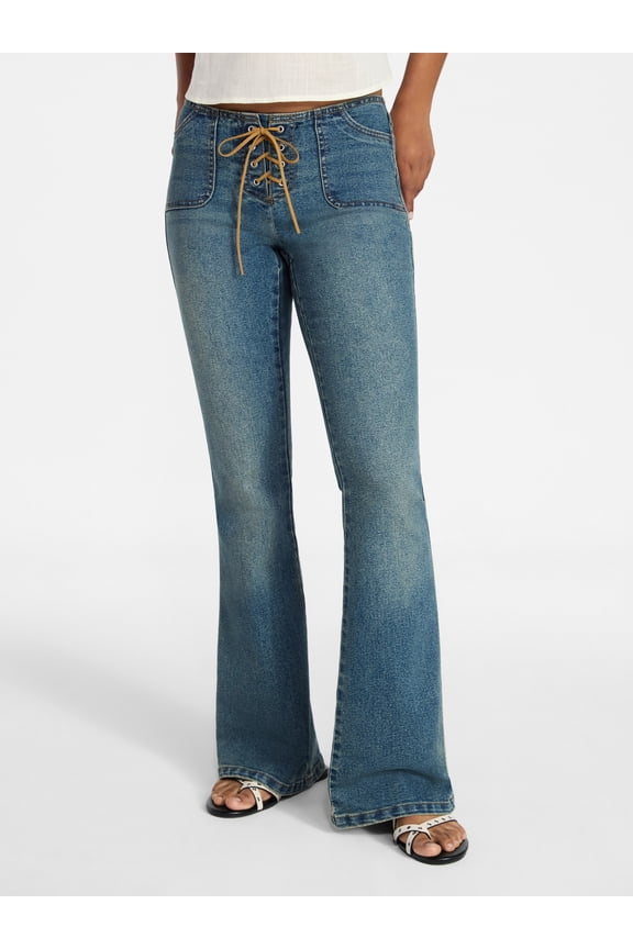 Lace Up Waist Bootcut Jeans, 33" Inseam, Women's XXS-XXL