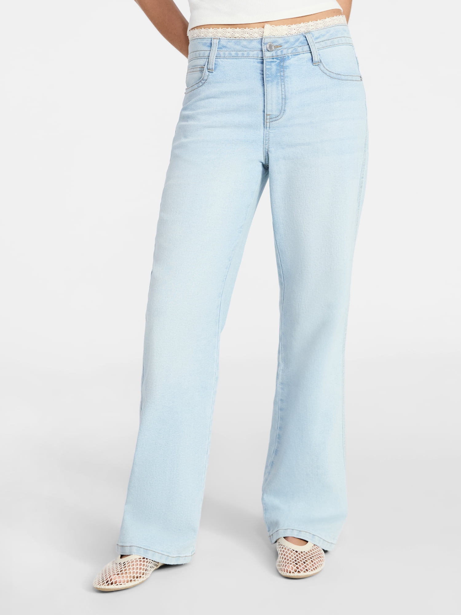 No Boundaries Lace Waist Baggy Wide Leg Jeans, 31'' Inseam, Women's 00-18