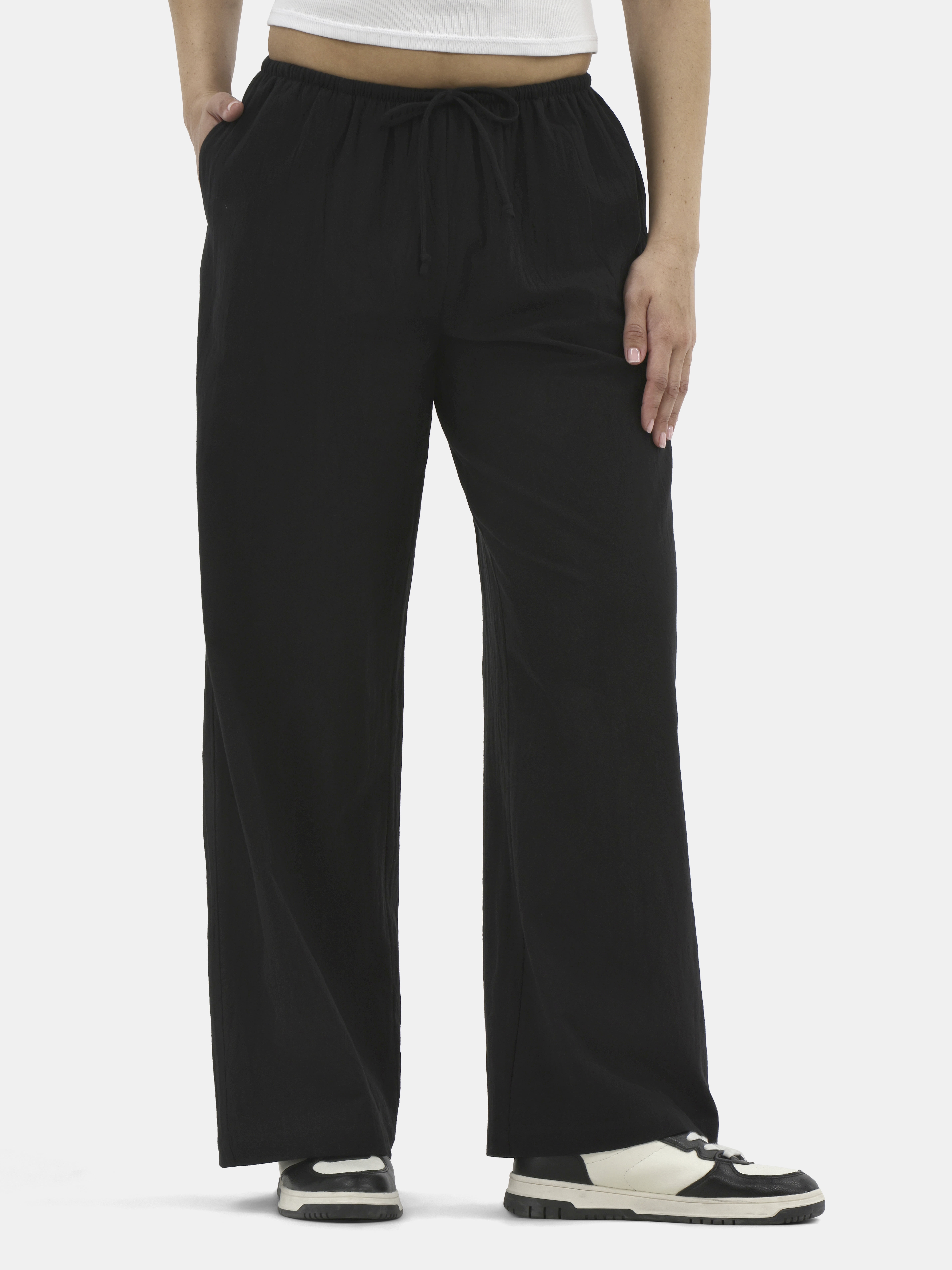 No Boundaries Women's Cotton Wide Leg Beach Pants, Lightweight