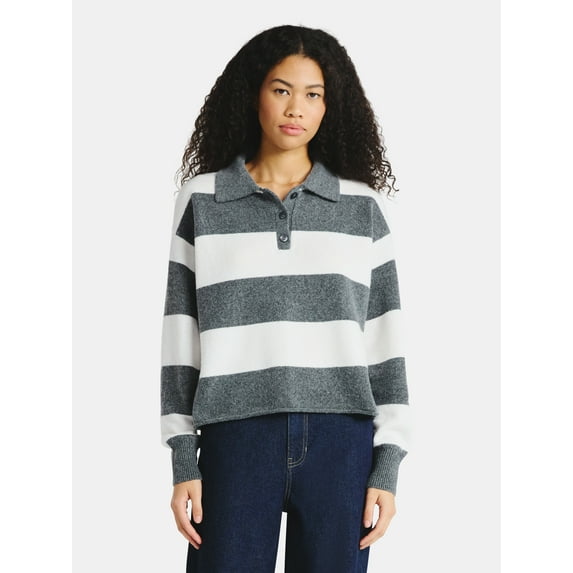 No Boundaries Button-Up Pullover Sweater with Long Sleeves, Midweight, Women's