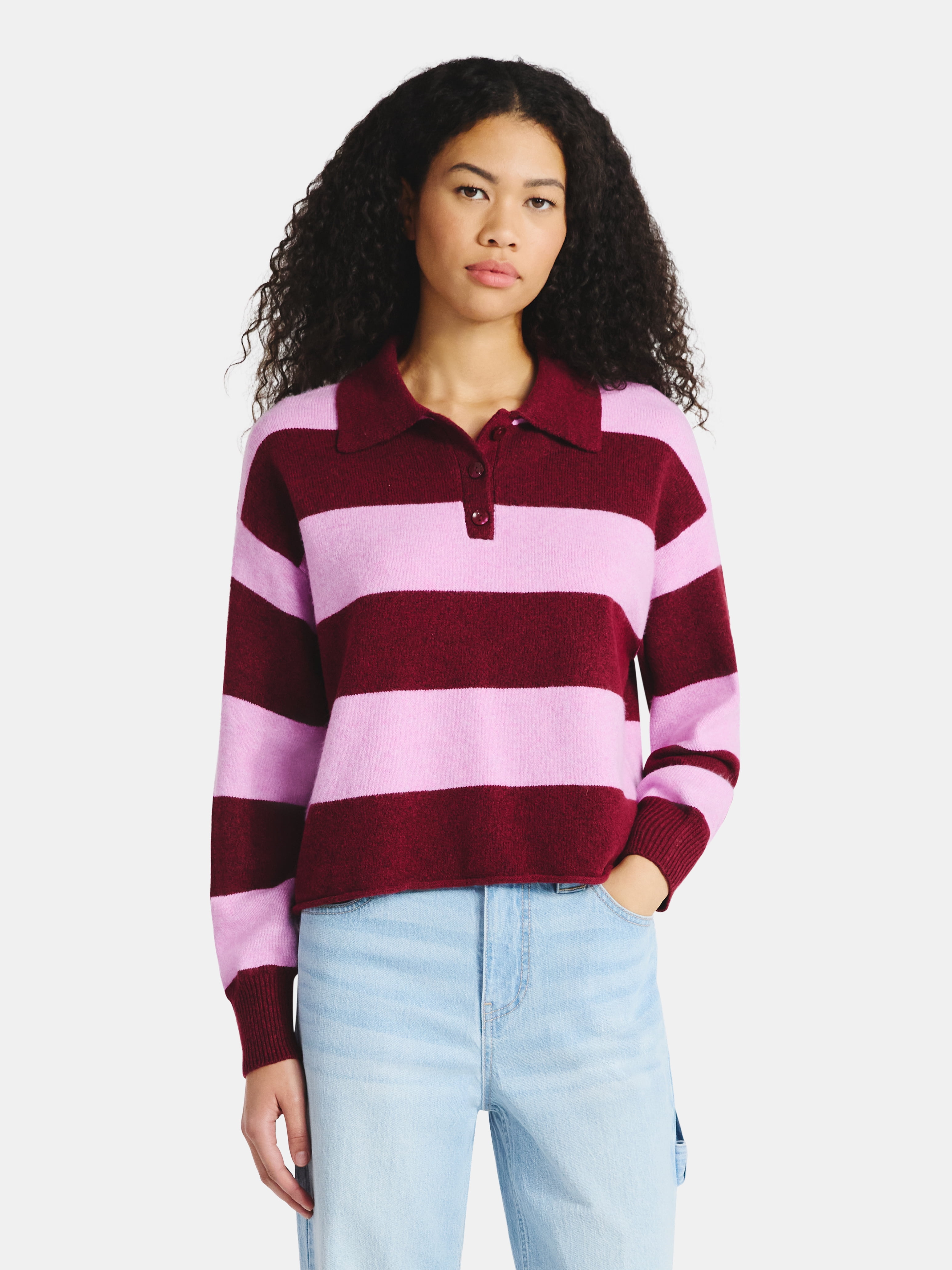 No Boundaries Button-Up Pullover Sweater with Long Sleeves, Midweight, Women's