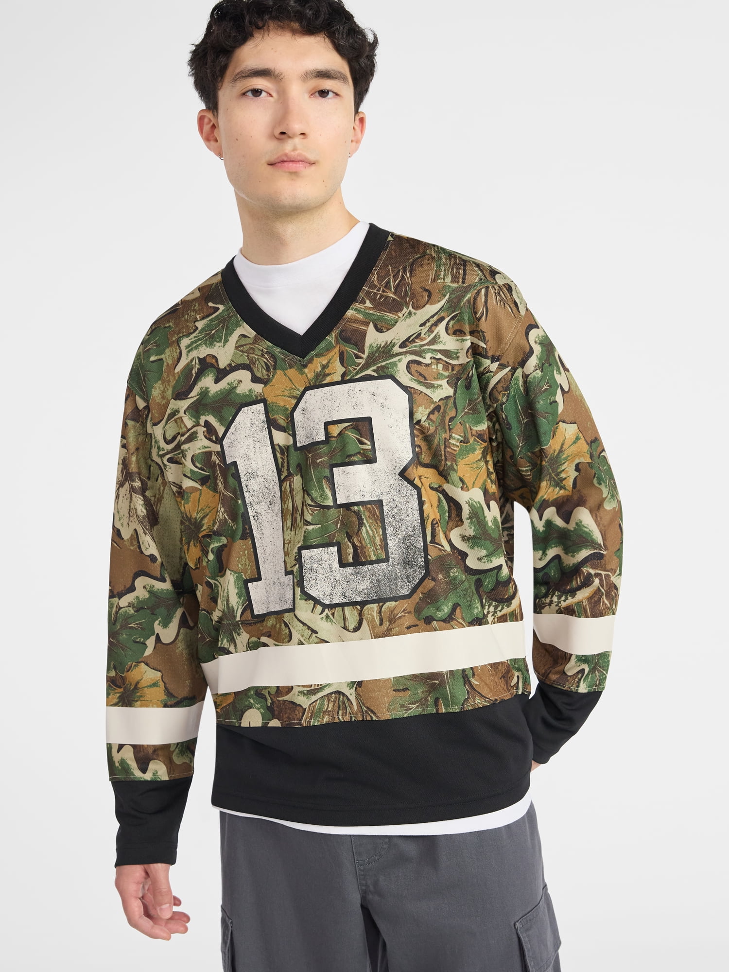 No Boundaries Hockey Jersey Style Shirt with Long Sleeves, Men's and Big Men's