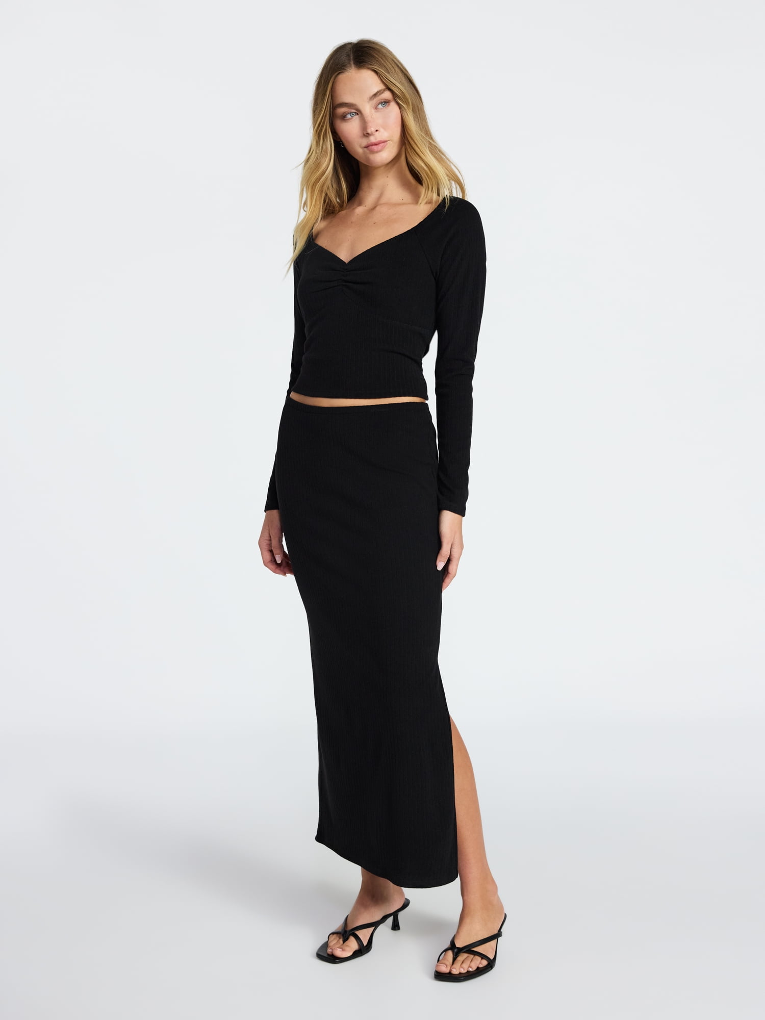 No Boundaries Long Sleeve Ruched Front Top and Maxi Skirt Set, 2-Piece, Women's XXS-XXL