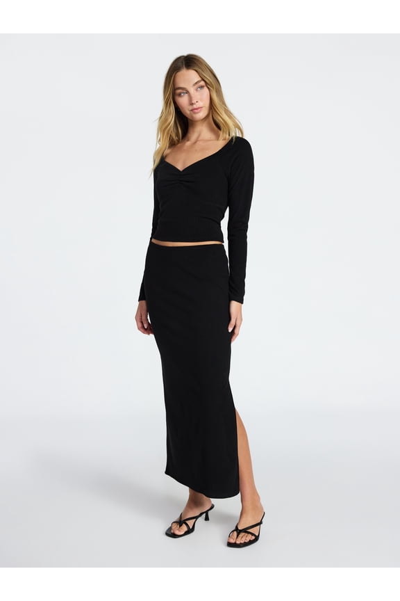 Long Sleeve Ruched Front Top and Maxi Skirt Set, 2-Piece, Women's XXS-XXL