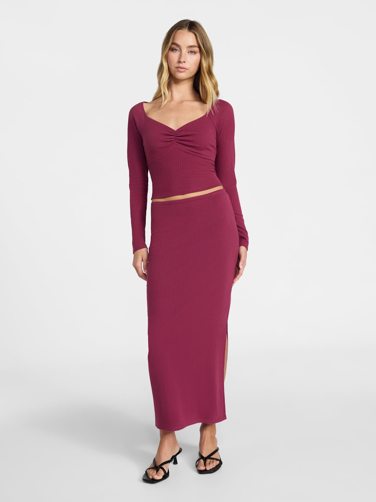 No Boundaries Long Sleeve Ruched Front Top and Maxi Skirt Set, 2-Piece, Women's XXS-XXL