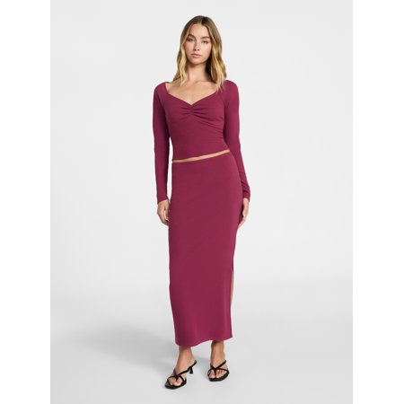 No Boundaries Long Sleeve Ruched Front Top and Maxi Skirt Set, 2-Piece, Women's XXS-XXL