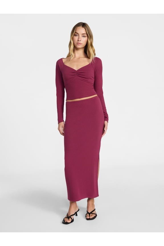 Long Sleeve Ruched Front Top and Maxi Skirt Set, 2-Piece, Women's XXS-XXL