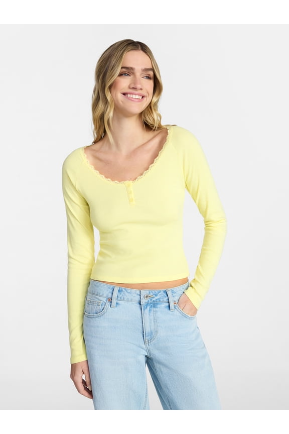 Long Sleeve Henley Top with Lace Trim, Women's XXS-XXL