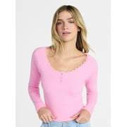 NO BOUNDARIES Long Sleeve Henley Top with Lace Trim, Women's XXS-XXL