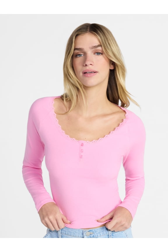 Long Sleeve Henley Top with Lace Trim, Women's XXS-XXL